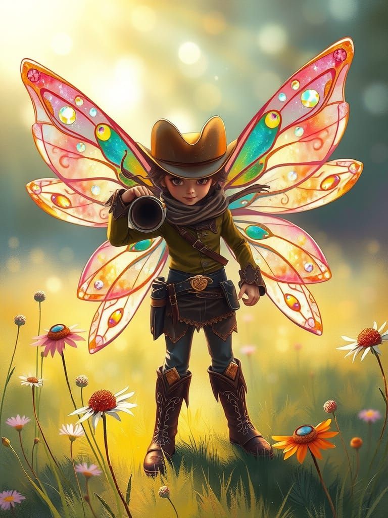 Whimsical Fairy Cowboy with Iridescent Wings