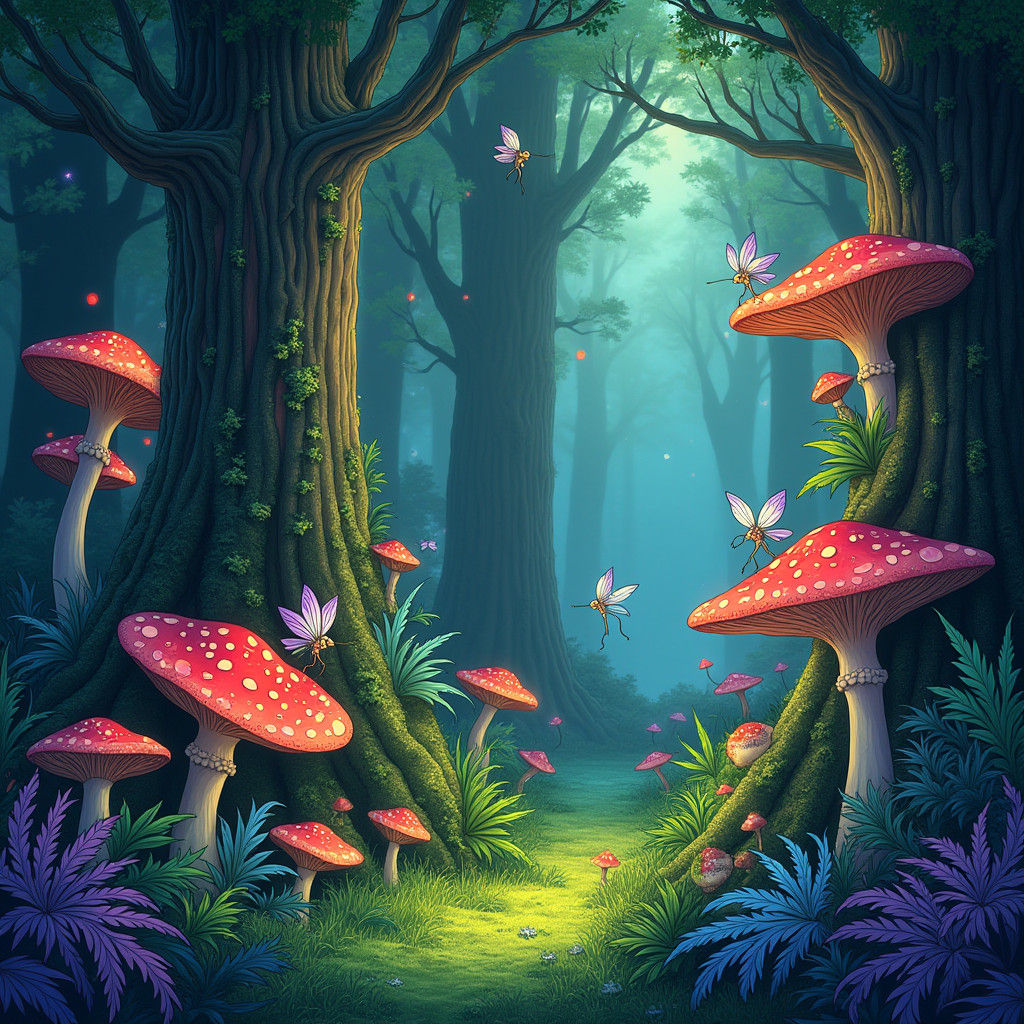 Lush Forest with Fairies and Glowing Flora