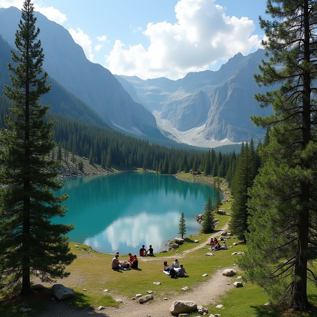 Mountain Lakes in Pine Forests with Serene Picnic Scenes
