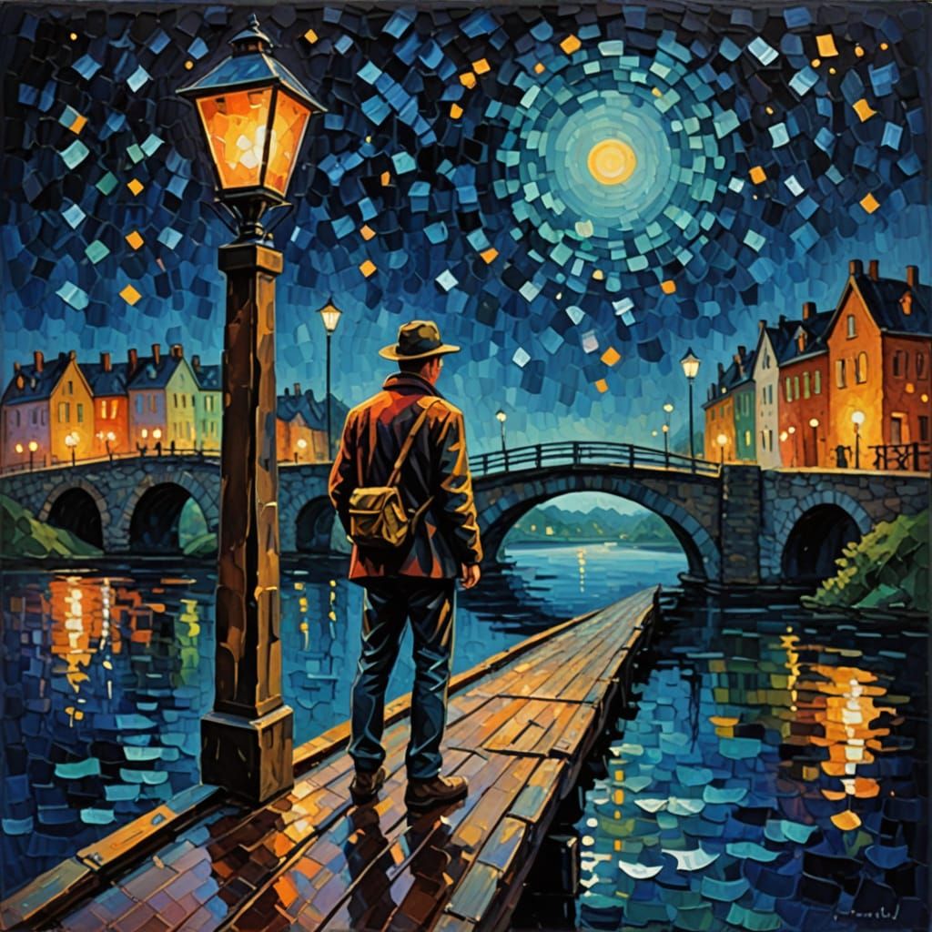Man Releasing Lantern in Night Sky, Neo-Impressionist Oil Pa...