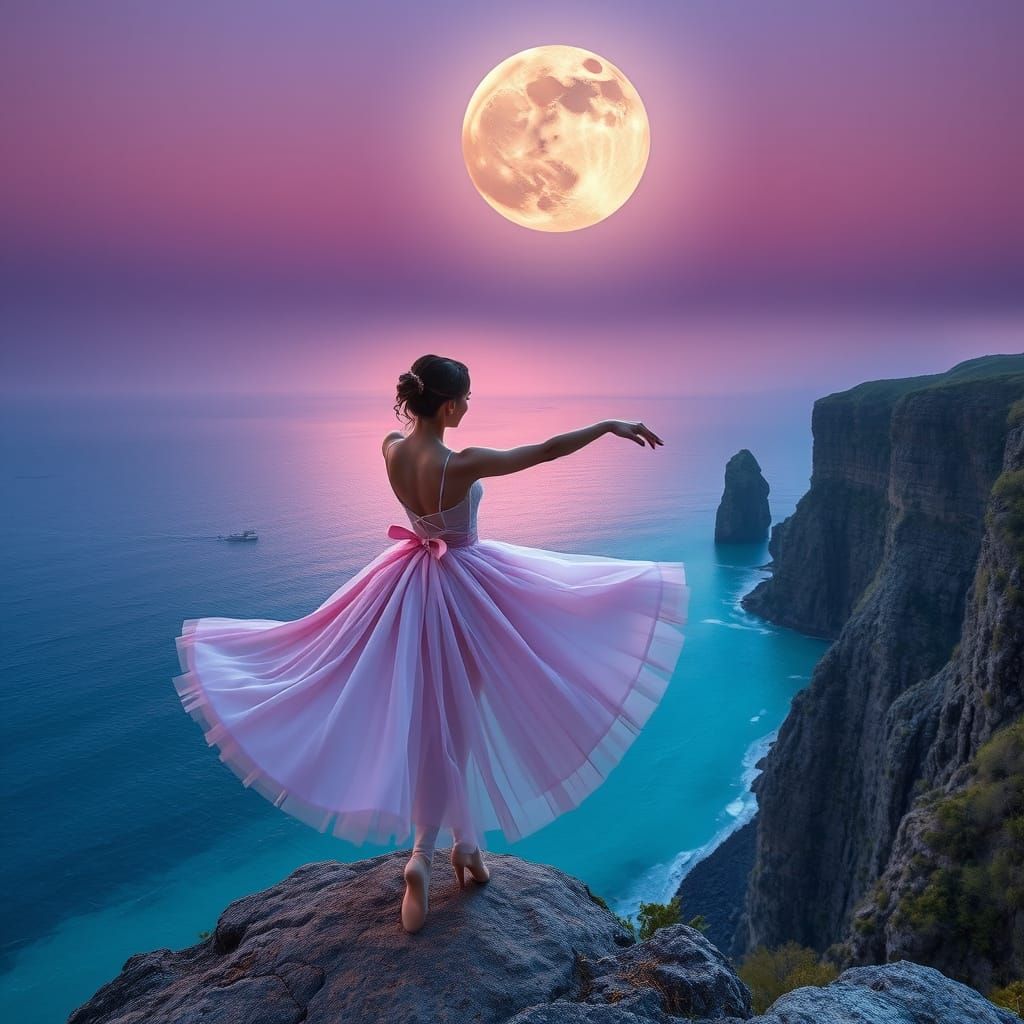 Moonlit Ballerina on Serene Sea Cliffs in HDR