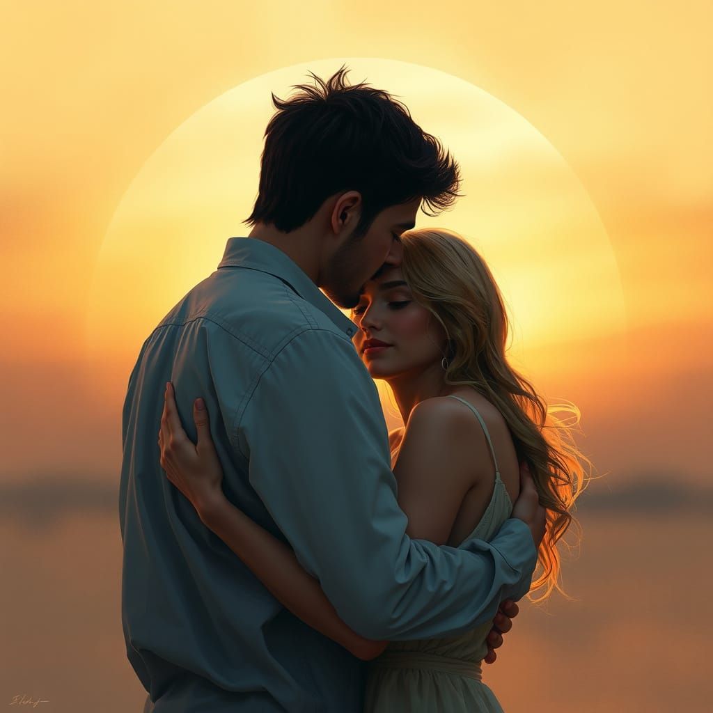 Couple Embracing in Warm Sunset Glow