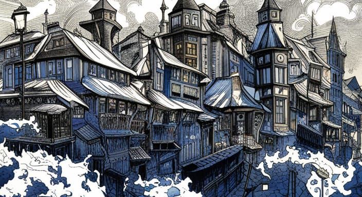 Art Nouveau Town in Blue Ink Drawing