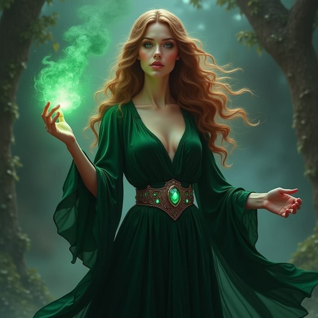 Mystical Sorceress in Dark Green Velvet Robe