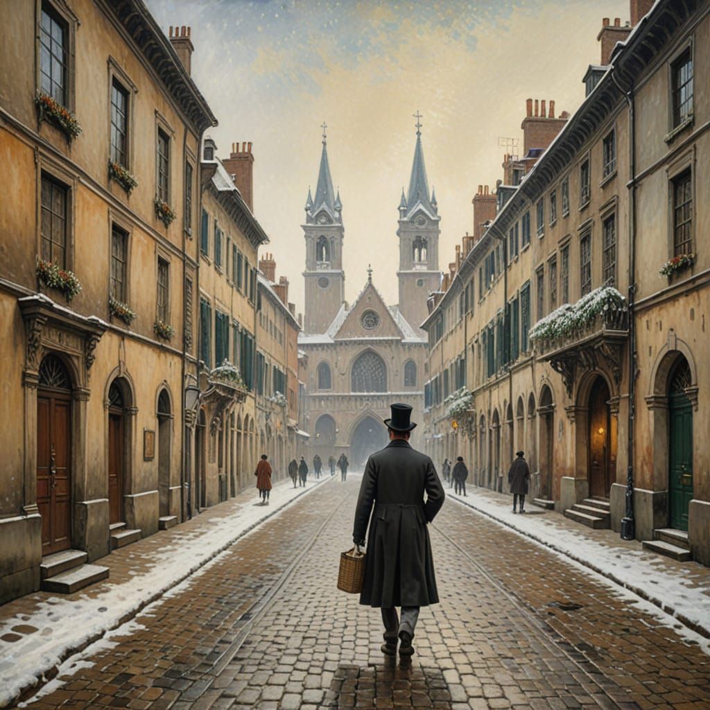 A lone figure in a 19th century European city under a serene...