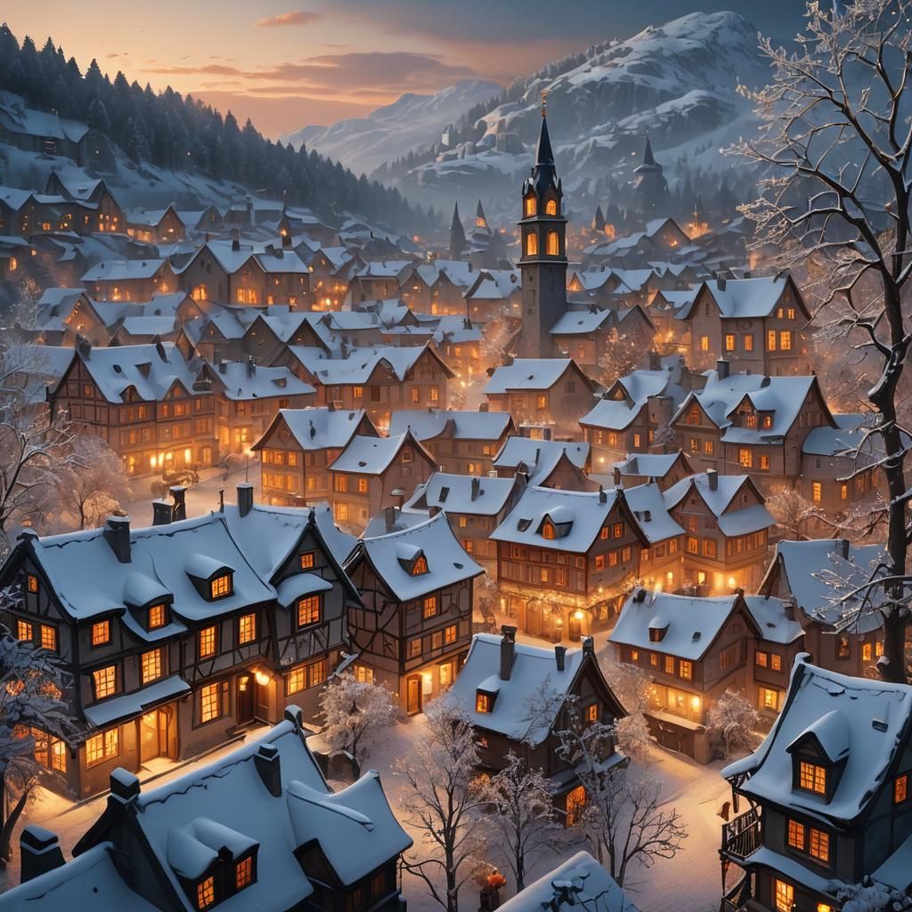 Snowy European Town in Winter: Matte Painting