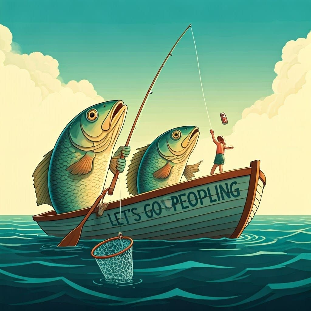 Fish Catching People With Beer, Whimsical Illustration