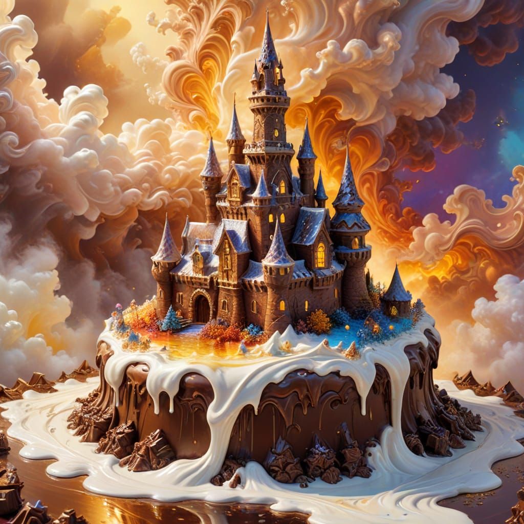 Chocolate Castle in Whipped Cream Landscape, Fantasy Illustr...