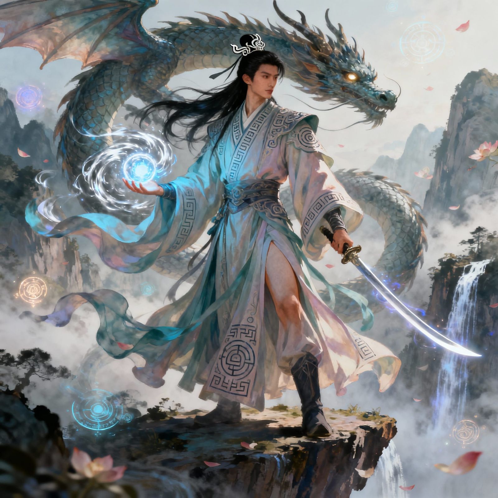 Cultivation Warrior on Misty Cliff with Dragon