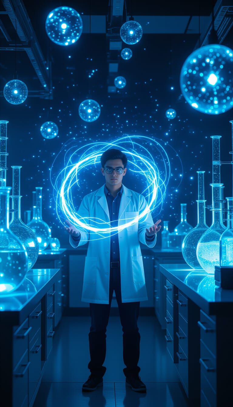 Nervous Scientist in Futuristic Lab with Blue Holograms