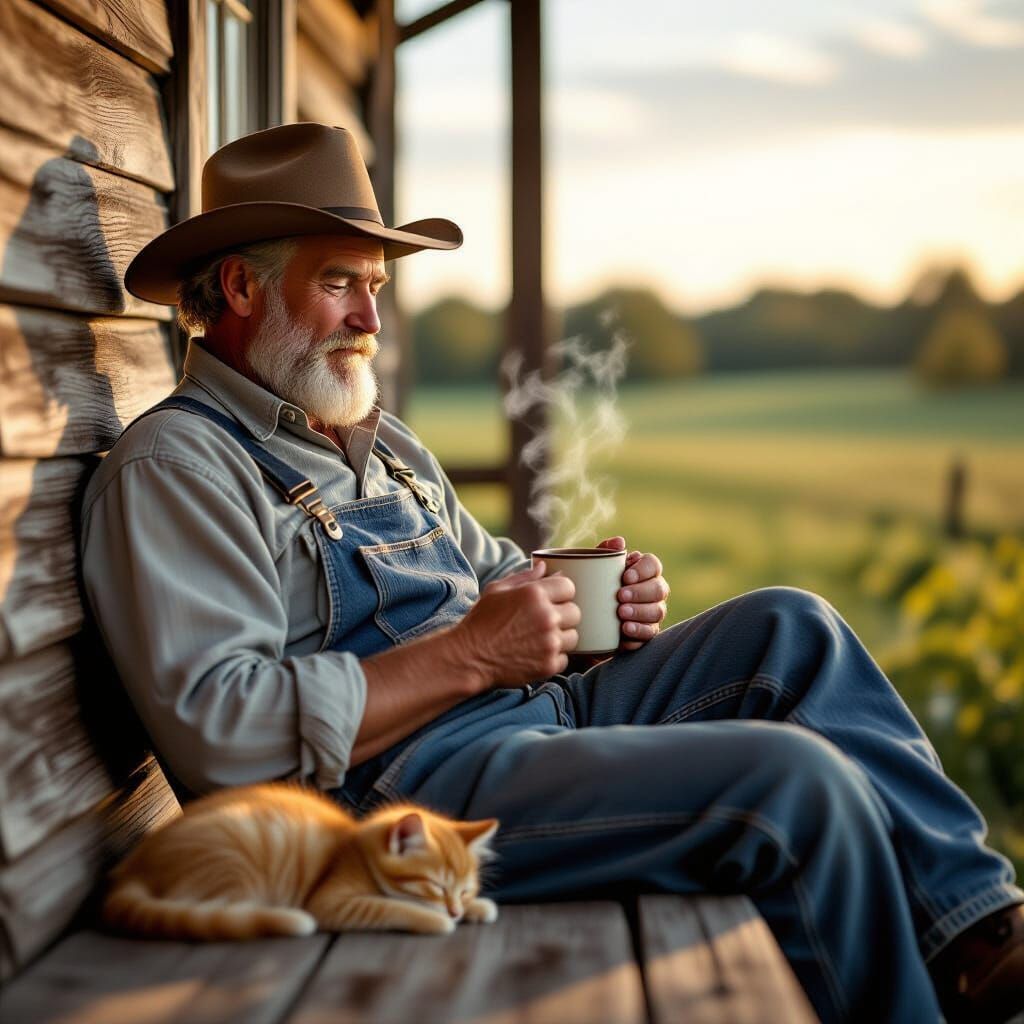 Farmer Enjoys Morning Coffee on Porch with Kitten