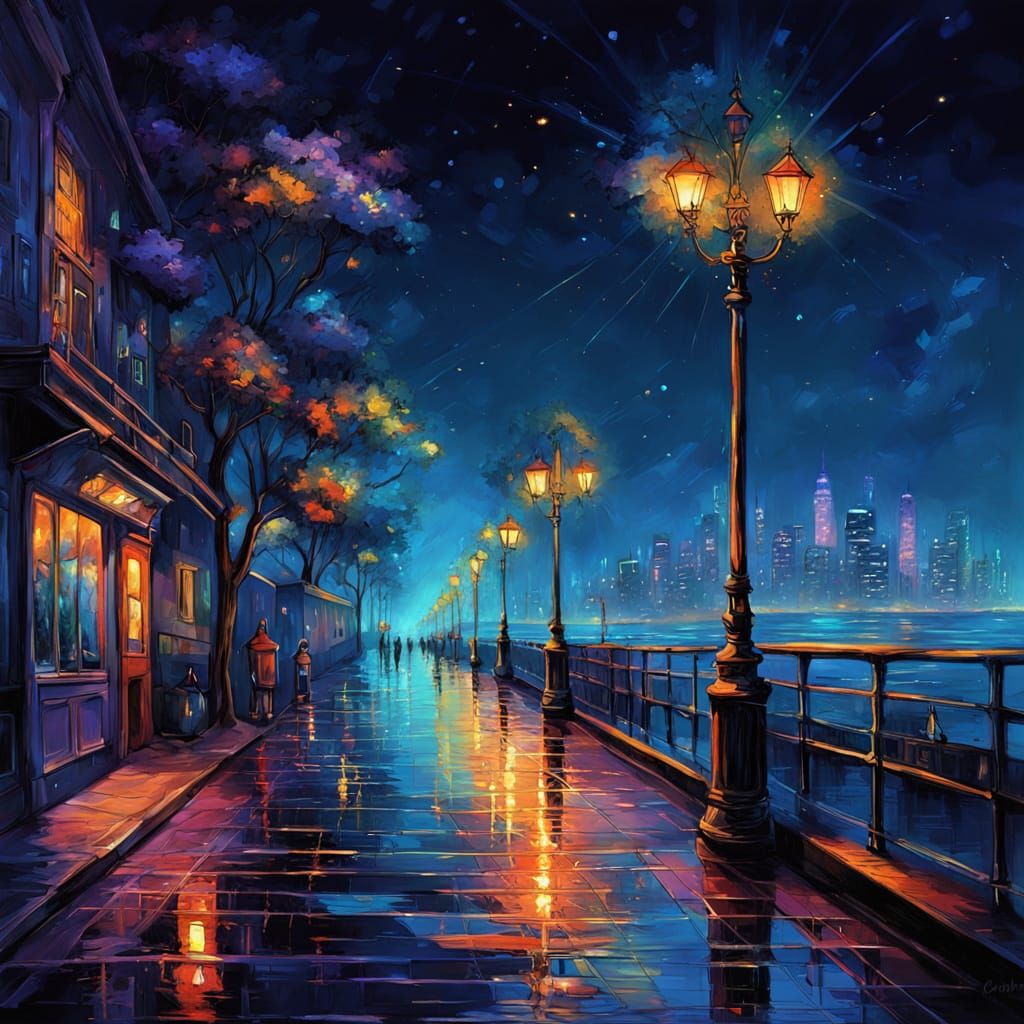 Enchanting Seaside Boulevard at Night in Post-Impressionist ...