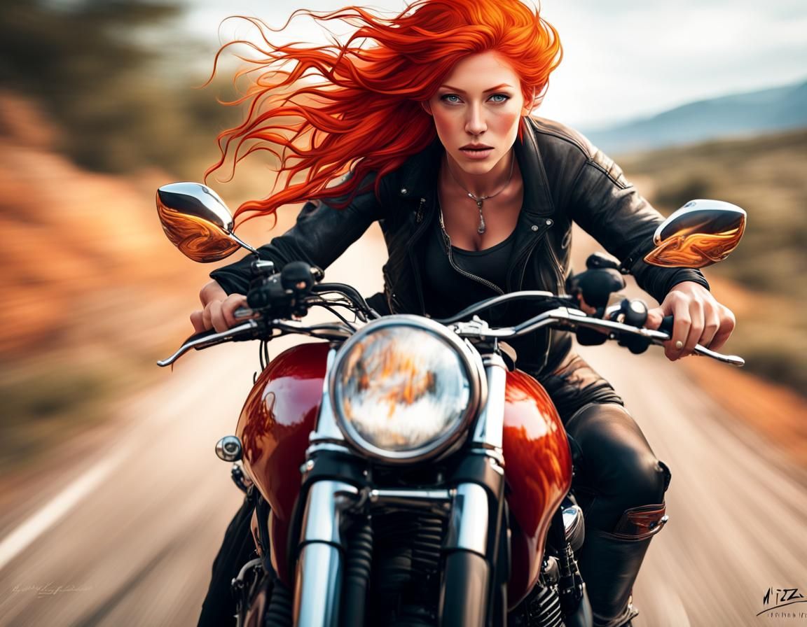 Hyperrealistic Adventurer on Motorcycle in Splash Art Style