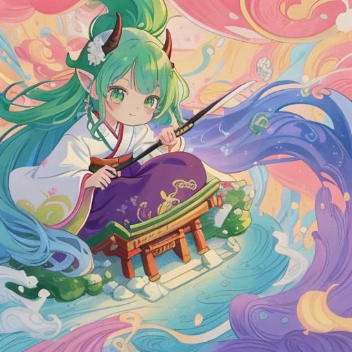 Female Oni in Japanese Castle, Gouache Illustration