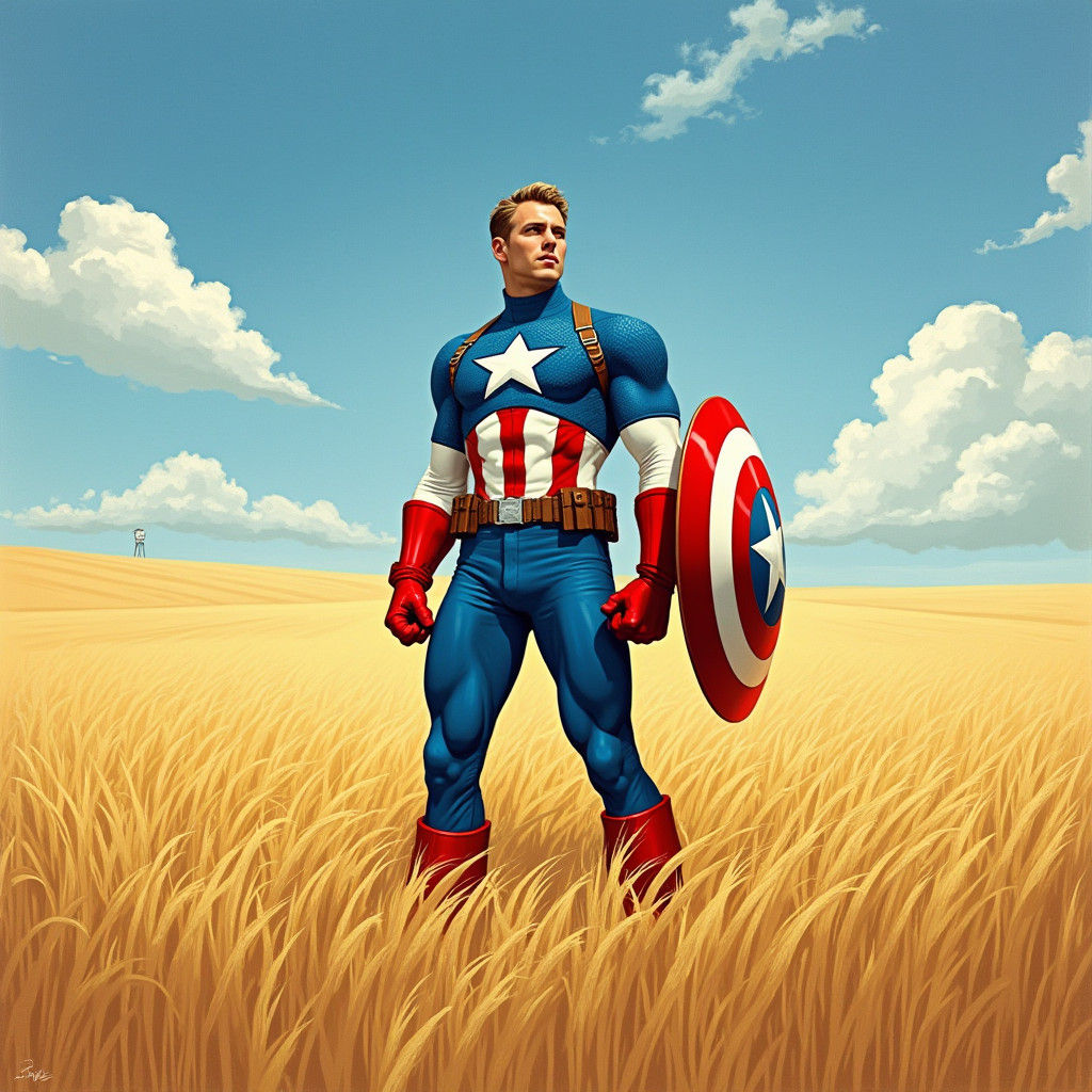 Captain America in Golden Field, Vintage Patriotic Art