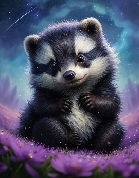 Fluffy Fantasy Badger Cub Playing in Flower Rain