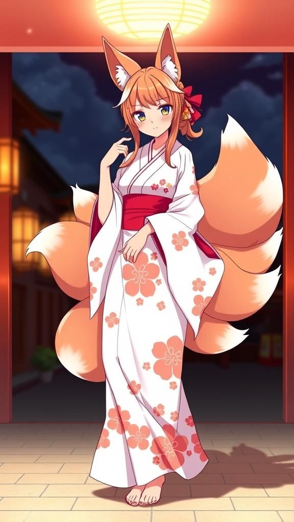 Anime Kitsune Woman in Yukata: Cel-Shaded Manga Style
