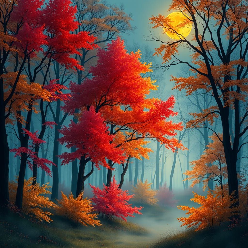 Enchanting Autumn Forest With Glowing Moon