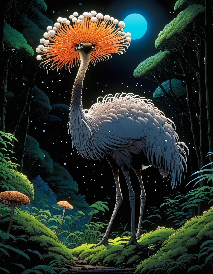 Studio Ghibli style sci-fi artwork of a cordyceps infected ostrich with spores