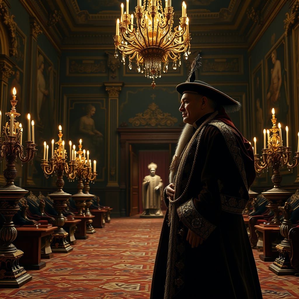 Elegant Ambassador Greets King in Opulent Ballroom