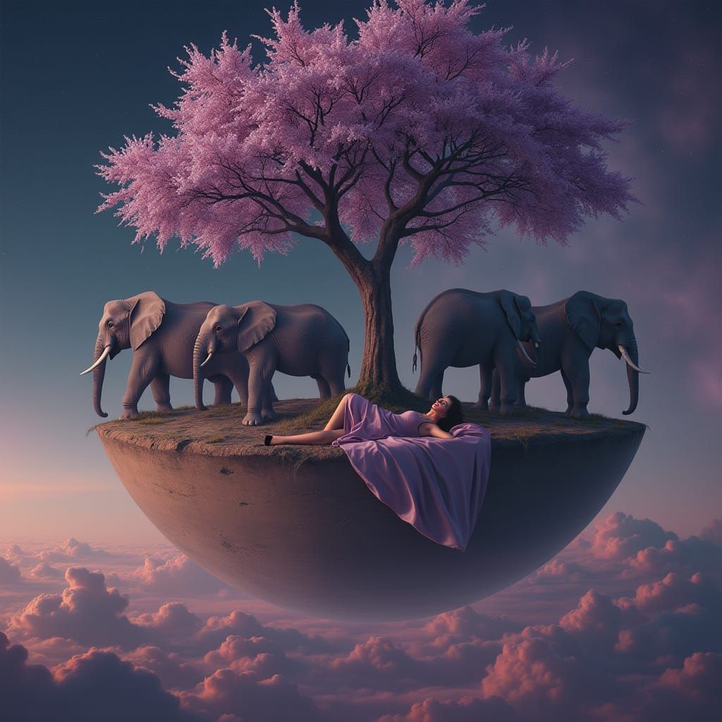 Cosmic Elephants Support Island Planet with Lilac Tree