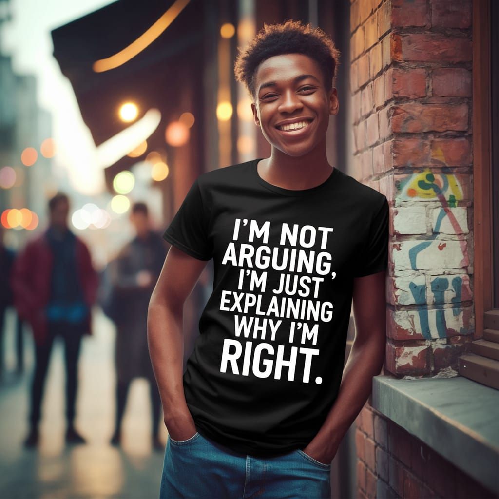 Confident Youth in Urban Setting with Humorous T-Shirt