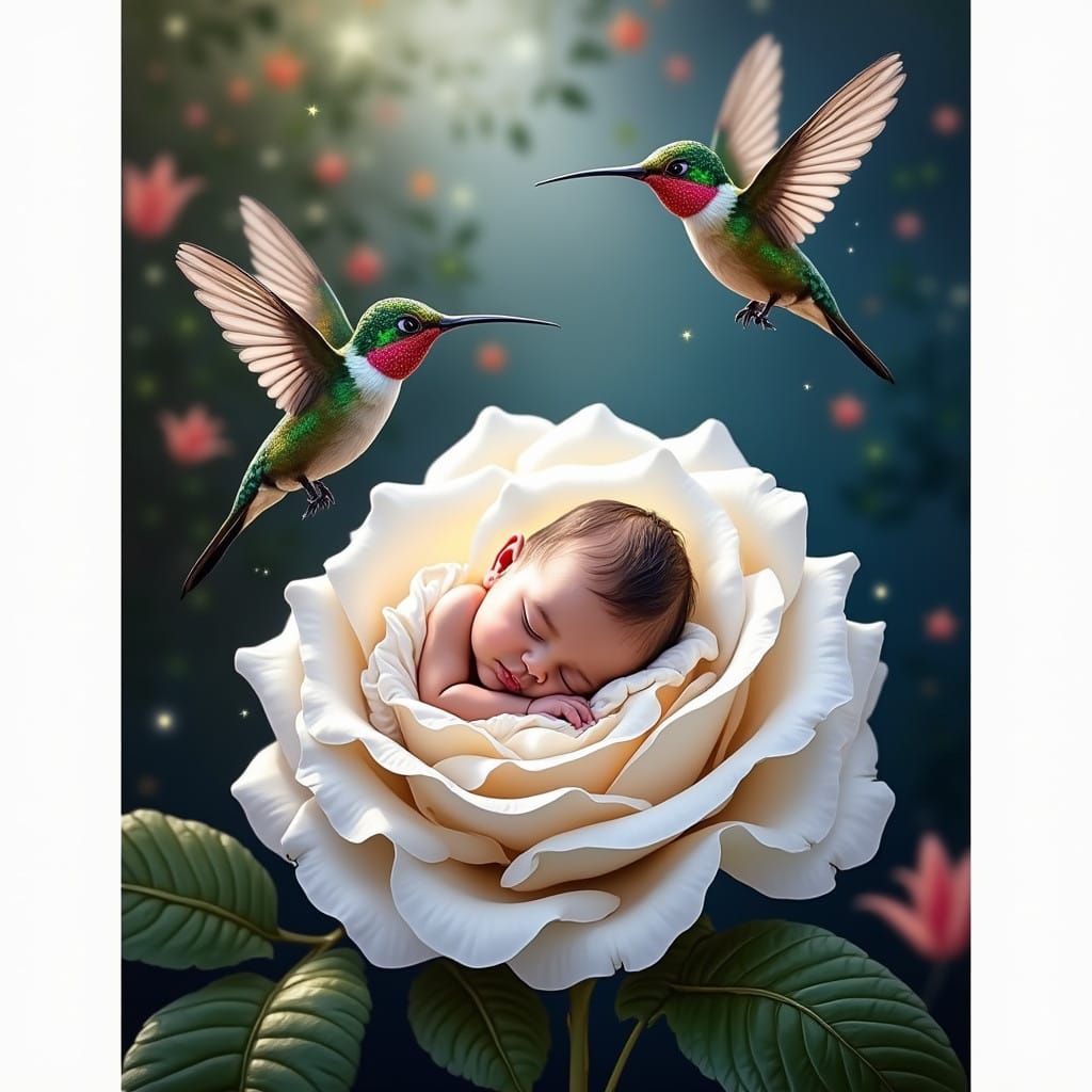 Latin American Baby Surrounded by Vibrant Hummingbirds in a...
