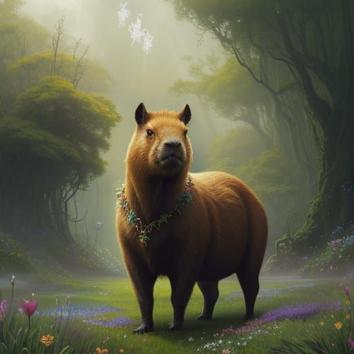 Regal Capybara in Vibrant Fantasy Realm