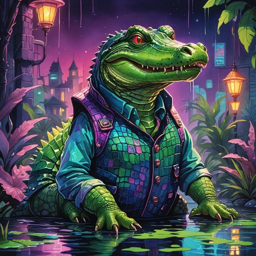 Neon Alligator in Vest Watercolor Cartoon