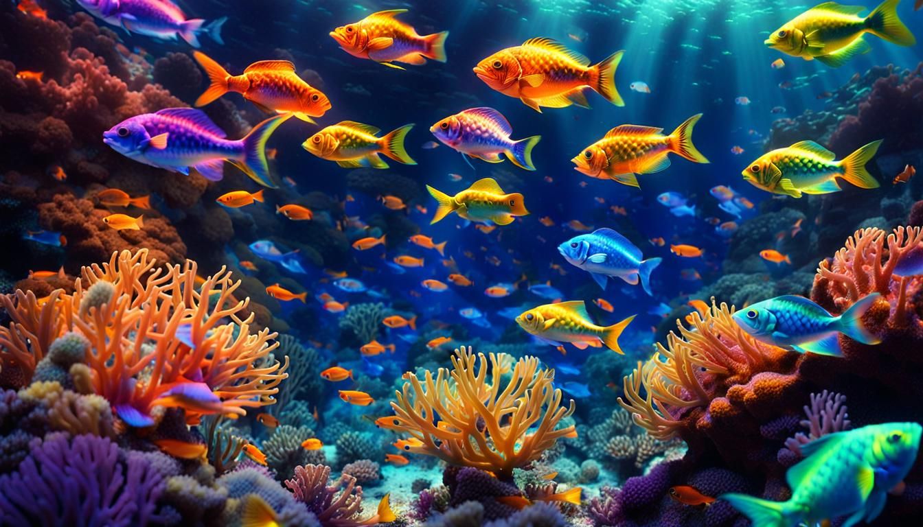 Bioluminescent Rainbow Fish in Coral Reef, Pixar Style