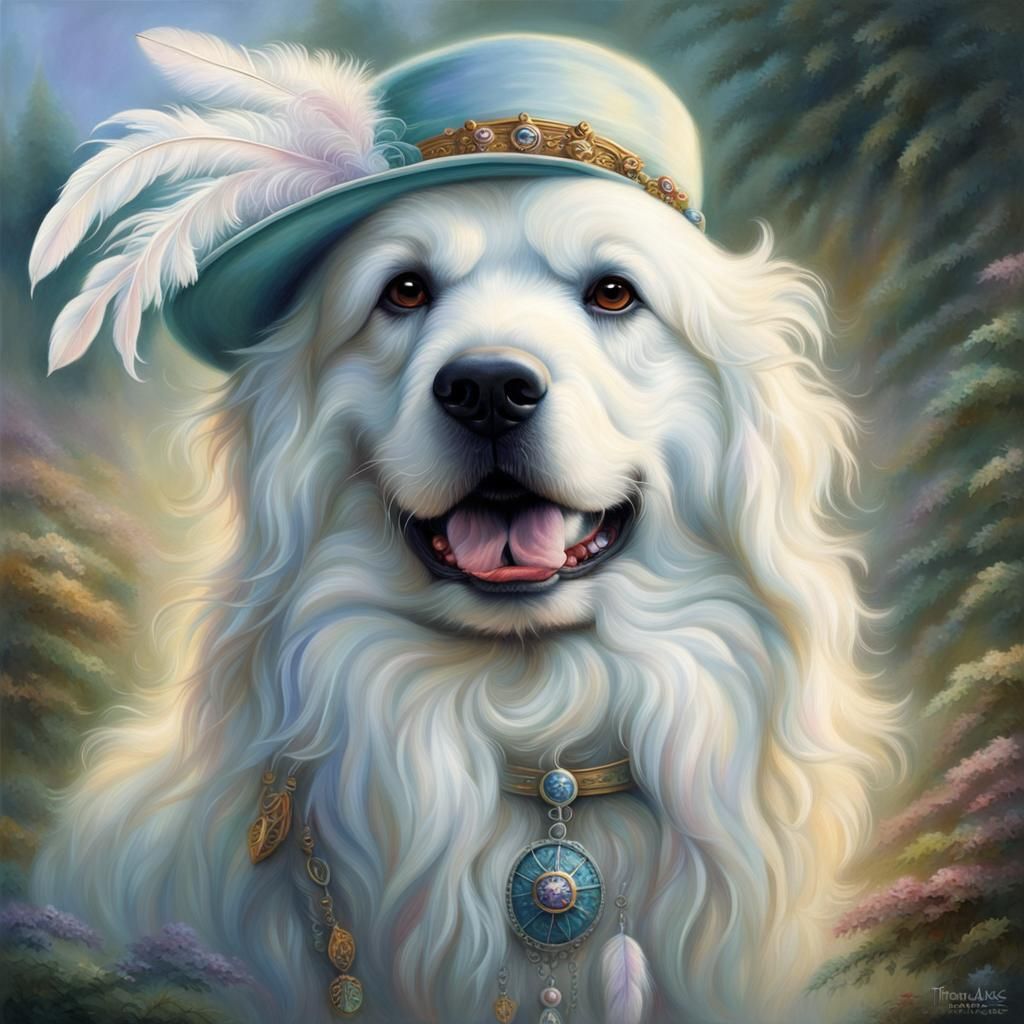 Dog Portrait with Feathered Hat in Ethereal Style