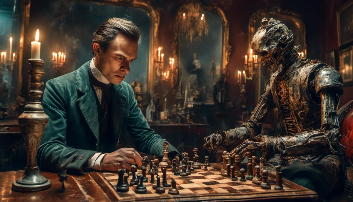 American Gentleman Plays Chess with Robot in Candlelight