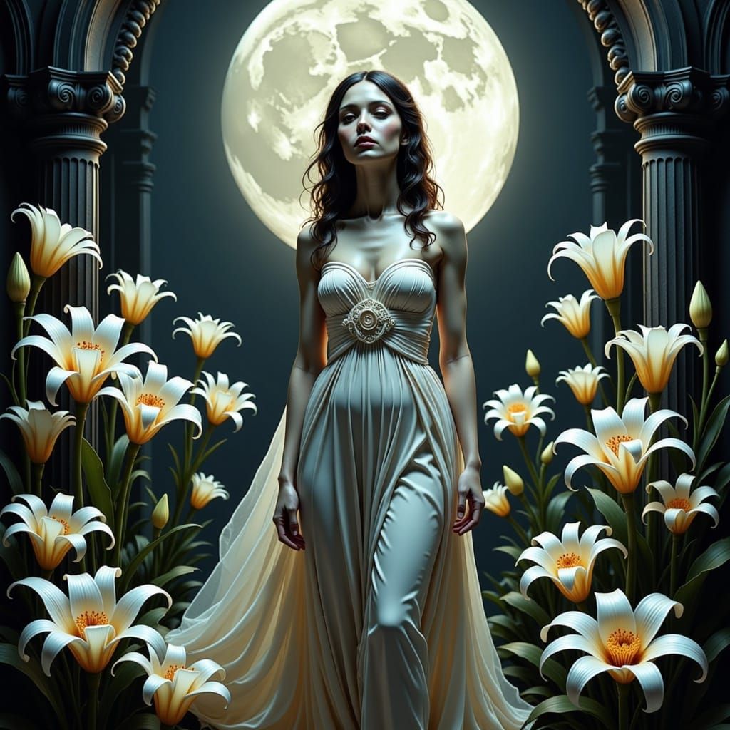 Aphrodite in Ethereal Moonlit Garden