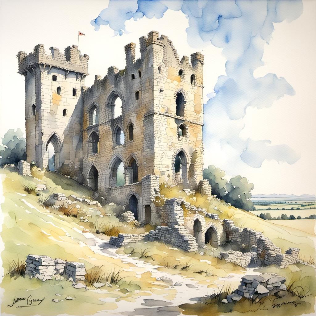 Castle Ruins in Rural Landscape, Watercolour Style