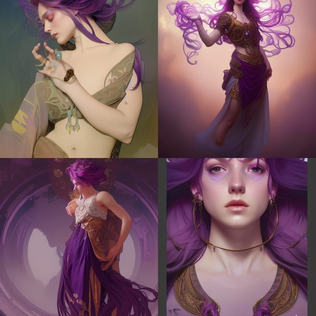 Renaissance Purple-Haired Goddess with Girls