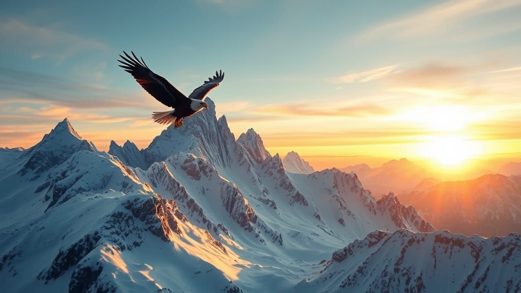 Snowy Mountain Range with Eagle in Hyperrealistic Style