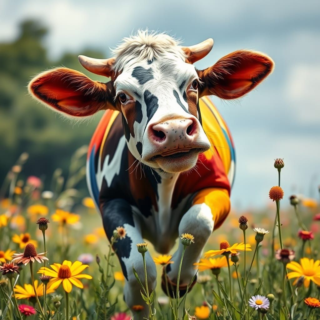Joyful Cow Leaping Through Wildflowers in Lithograph Style