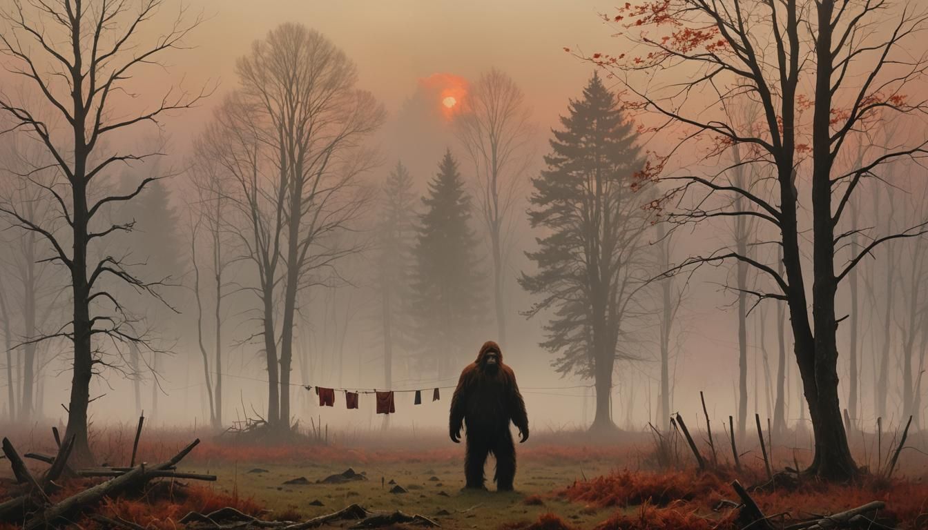 Eerie Sasquatch in Fog-Shrouded Autumn Landscape