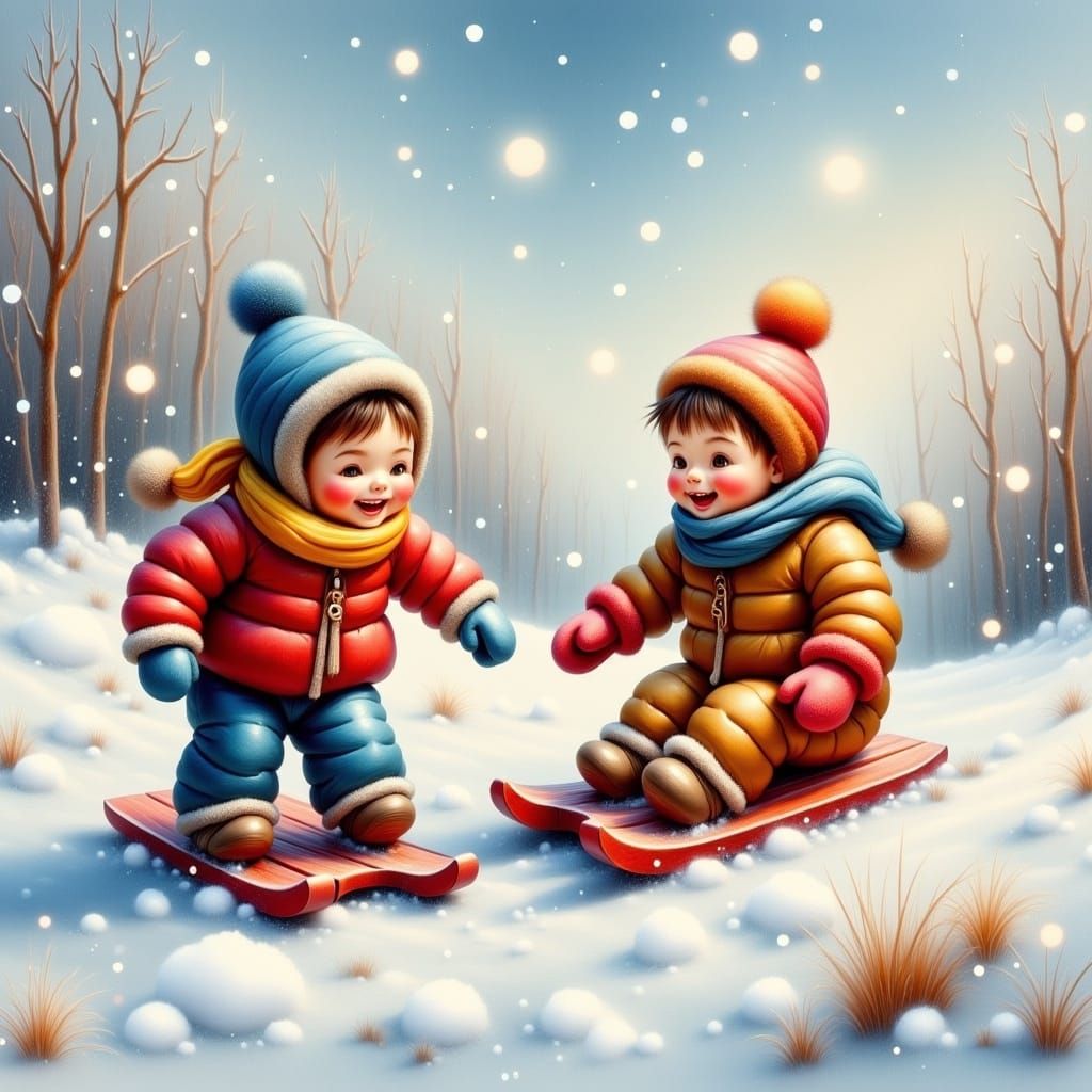 <lora:Effekte und Styles:1.0>fresh fallen snow wintery snowy sky kids dressed for winter with sleds having fun sliding d...