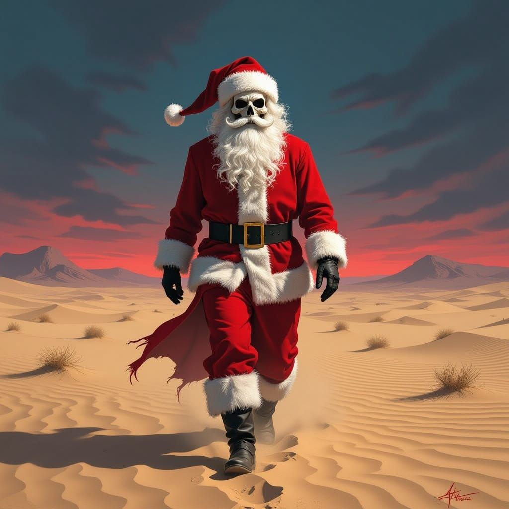 Gothic Skeleton Santa in Desert Under Twilight Sky