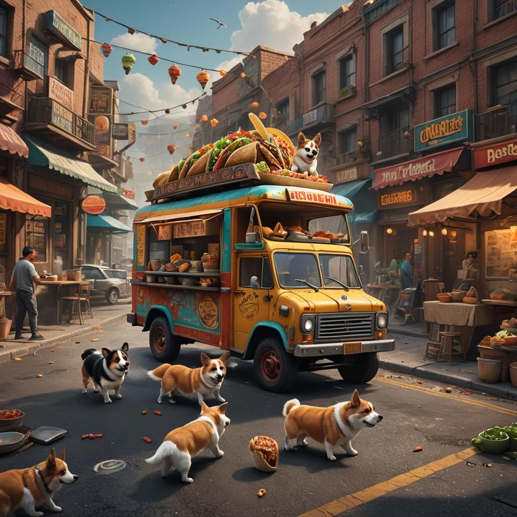 Corgi Hijacks Taco Truck: Detailed Matte Painting