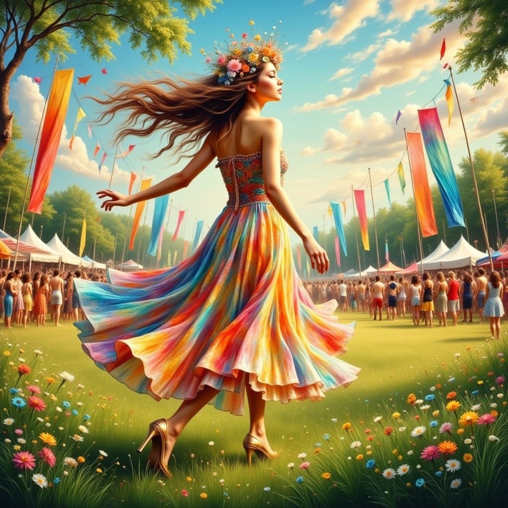 Ethereal Woman Dances in Vibrant Festival Scene