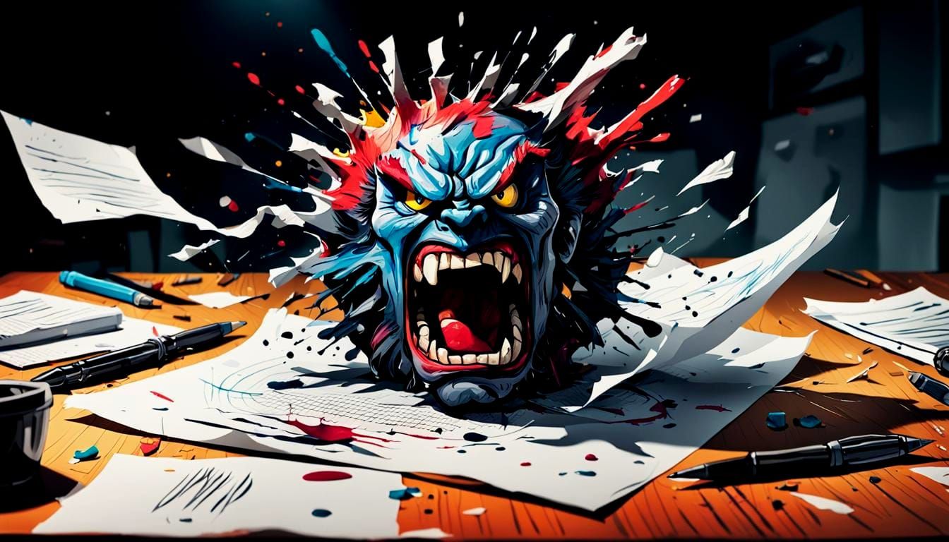 Angry Pen Wrestles Scared Paper Illustration