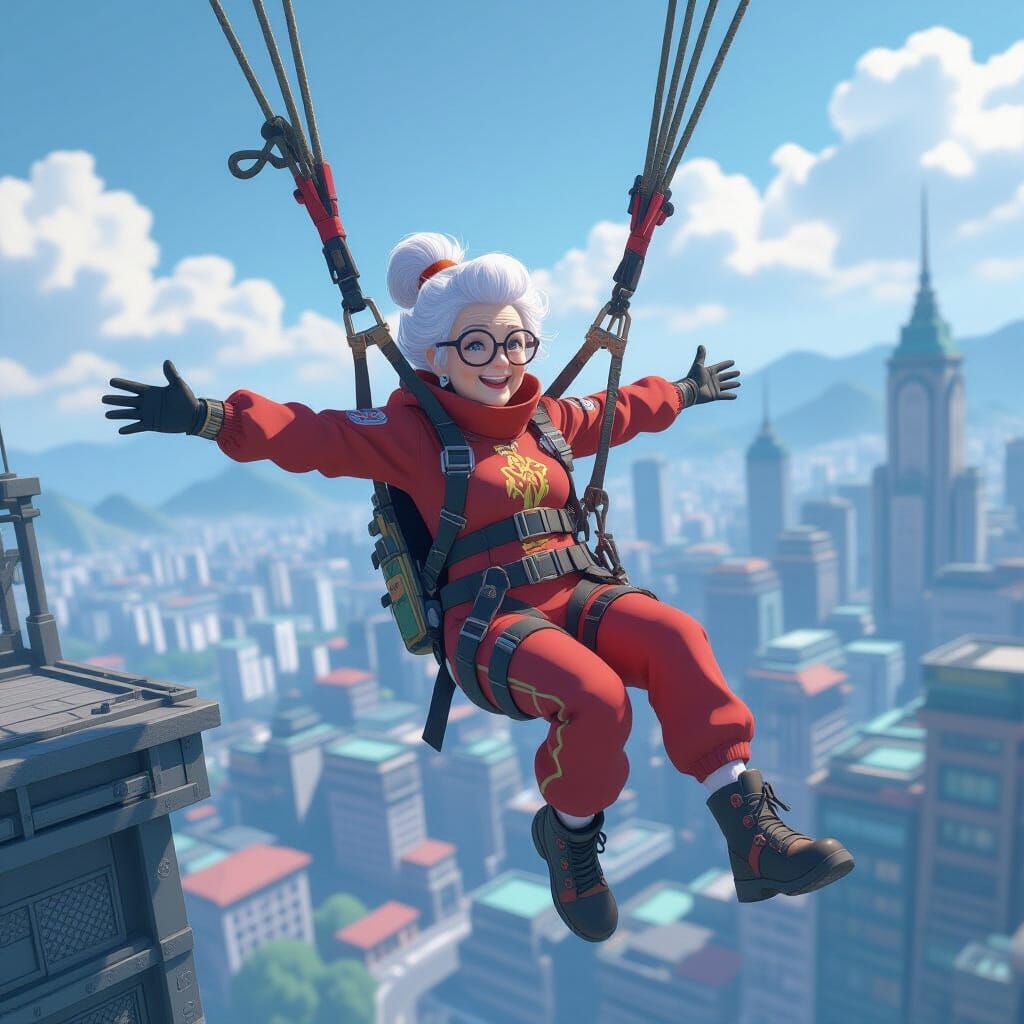 Elderly Woman's Bungee Jump in 3D Anime Style