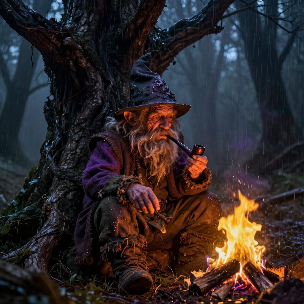 Dark Fantasy Gnome in Rainy Forest Concept Art