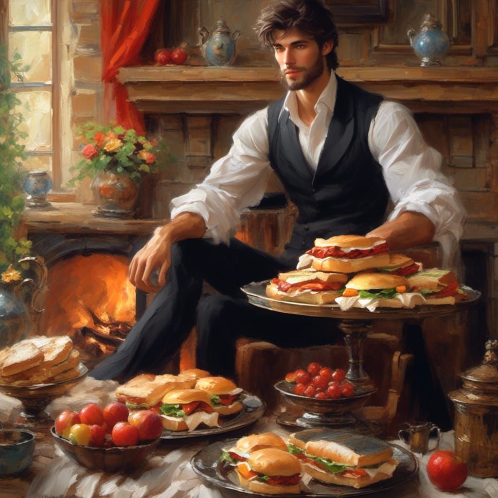 Handsome Man Offers Sandwich by Fireplace