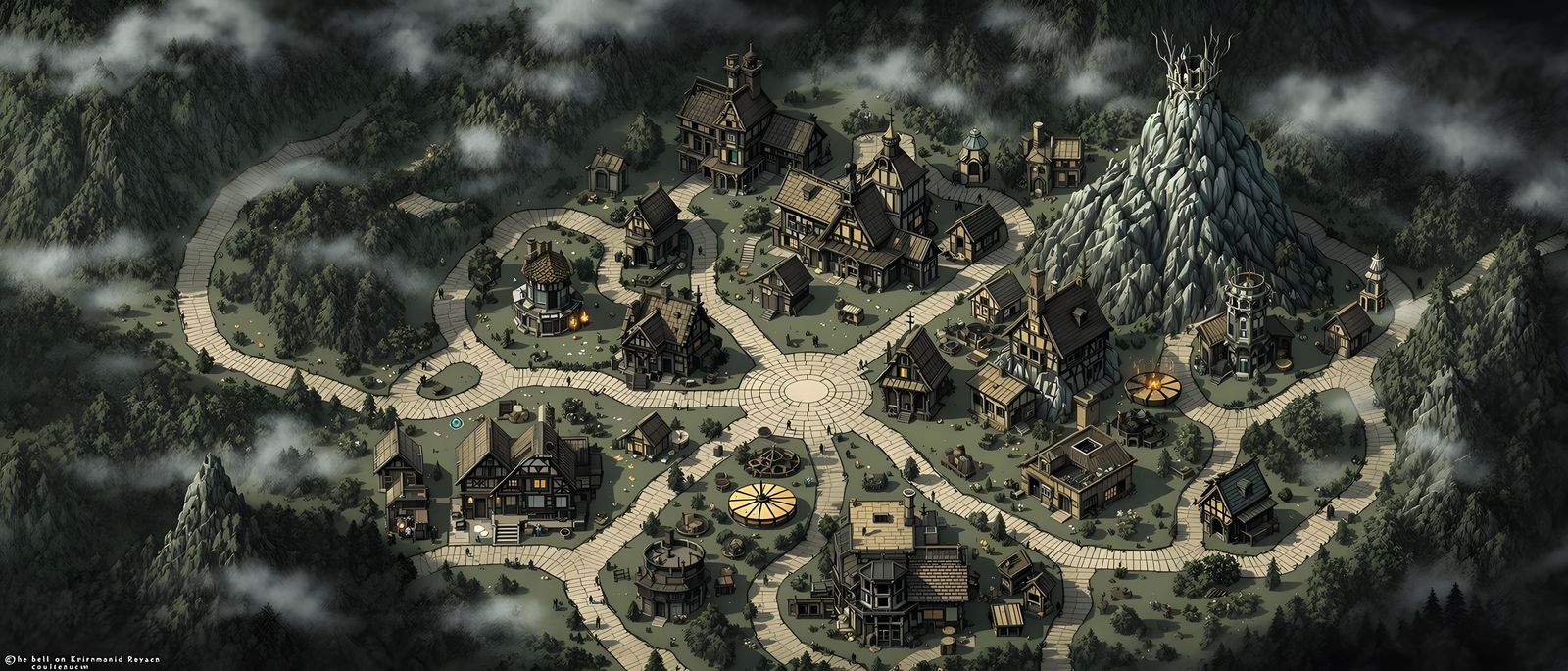 Village of Krofburg in a Dark, Misty Forest