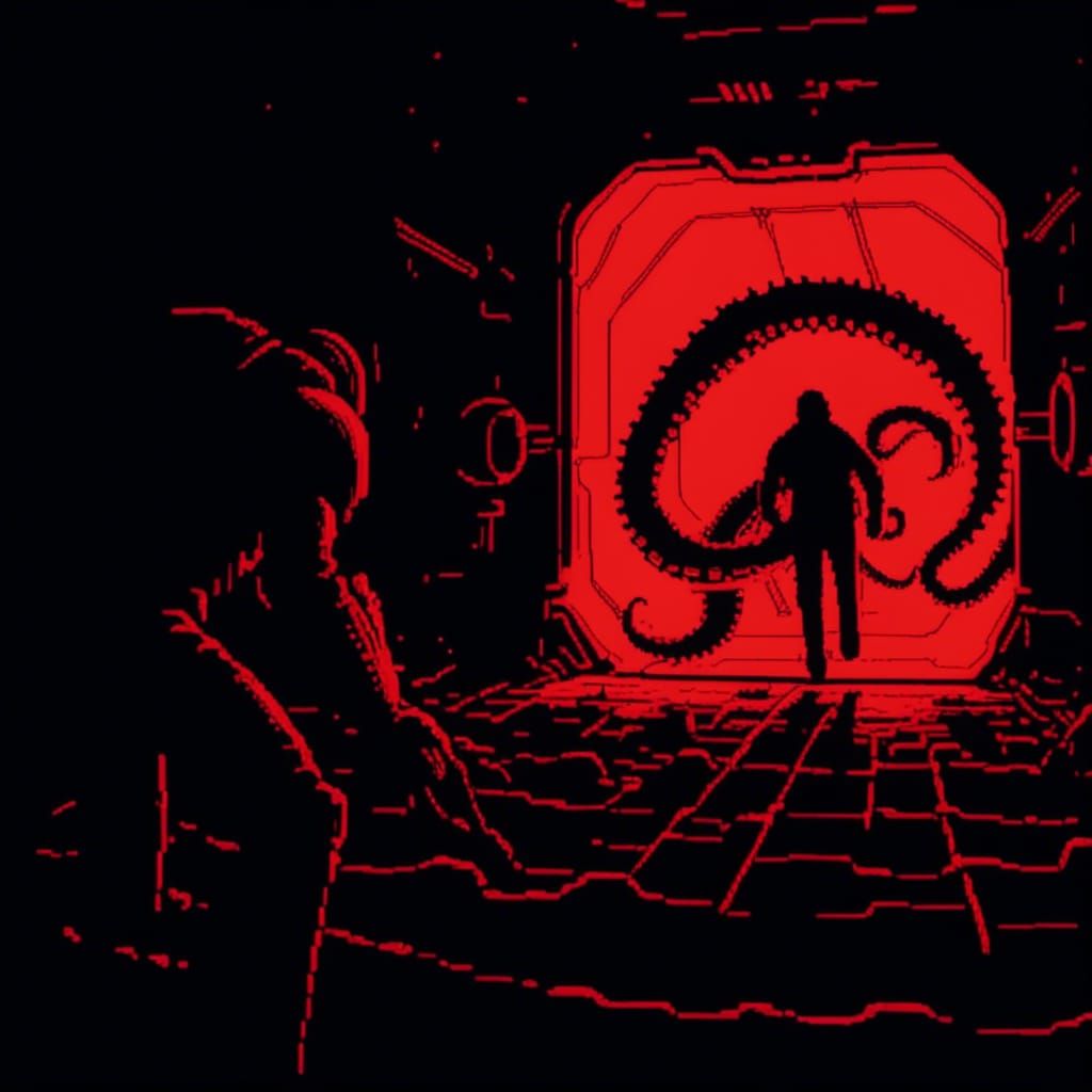 Man Pulled by Tentacle in Spacecraft, Pixel Art
