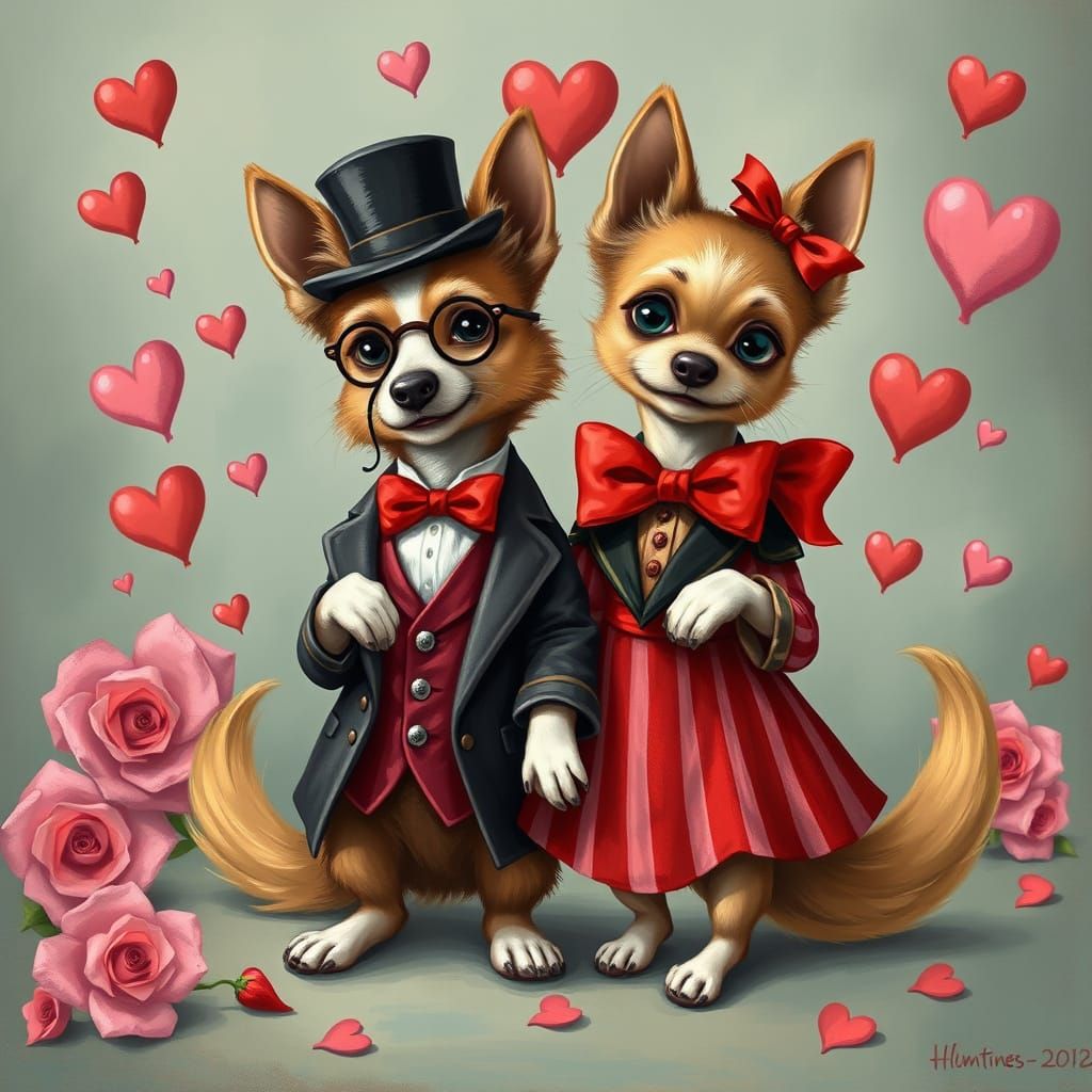 Victorian Canine Couple in Whimsical Valentine's Day Celebra...