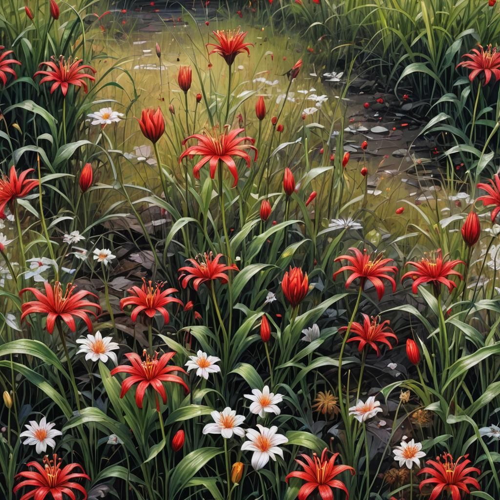 Single Red Spider Lily in Graffiti Art Style